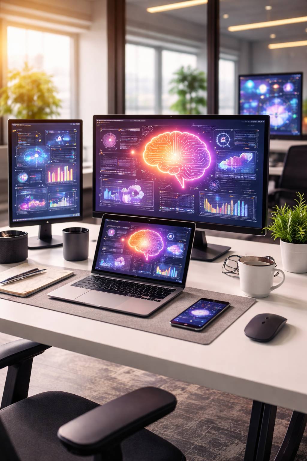 AI workspace with monitors showing data dashboards
