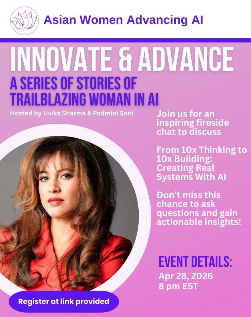 Asian Women Advancing AI flyer featuring Jothi Moorthy as keynote speaker, April 28, 2026