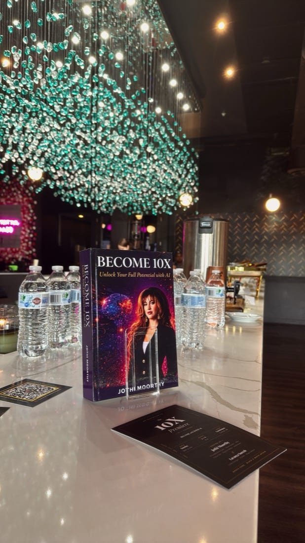 Become 10X standing on the bar at MIIRA Lounge beside a 10X Premiere invitation card, Chai & Business, June 3 2026