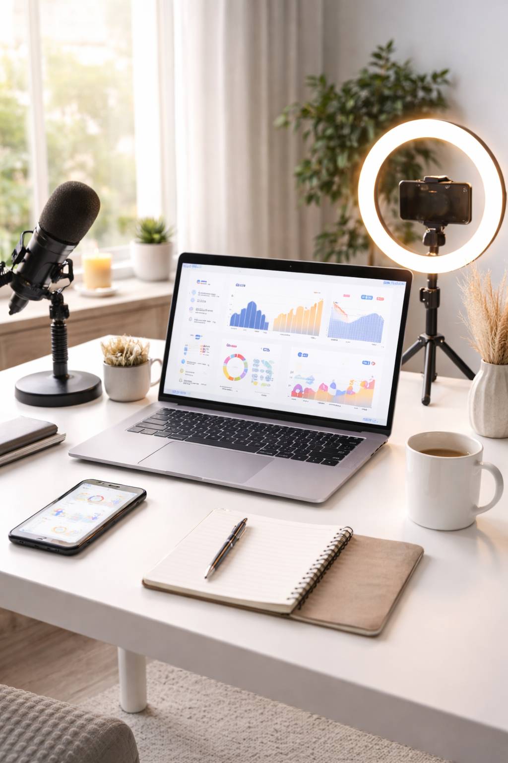 Content creator desk with microphone, ring light, laptop — personal branding coaching