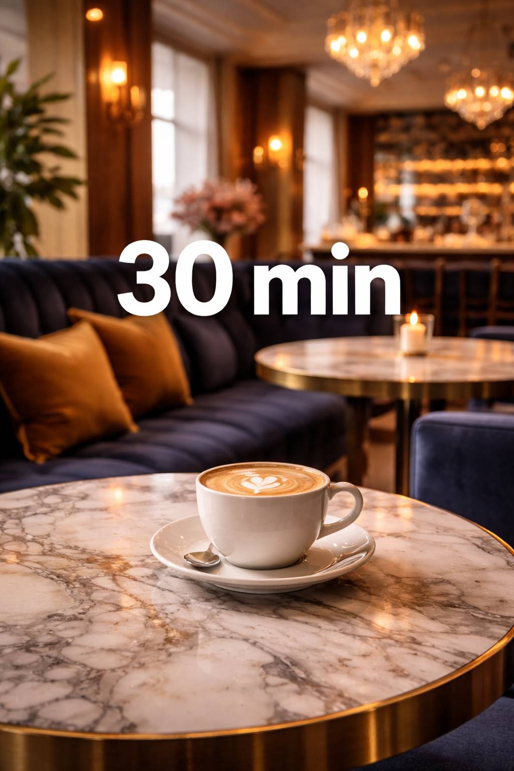 Latte on marble table with navy velvet seating — 30 minute coffee chat