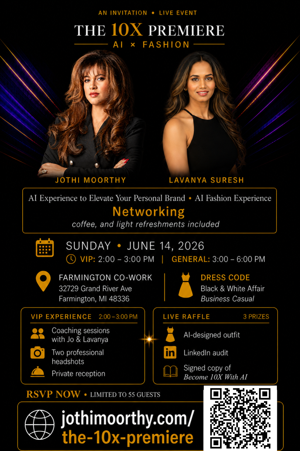 The 10X Premiere · AI x Fashion · Sunday, June 14, 2026 at Farmington Co-Work, hosted by Jothi Moorthy and Lavanya Suresh. AI Experience to Elevate Your Personal Brand, AI Fashion Experience, networking, coffee and light refreshments. Business casual black and white dress code.