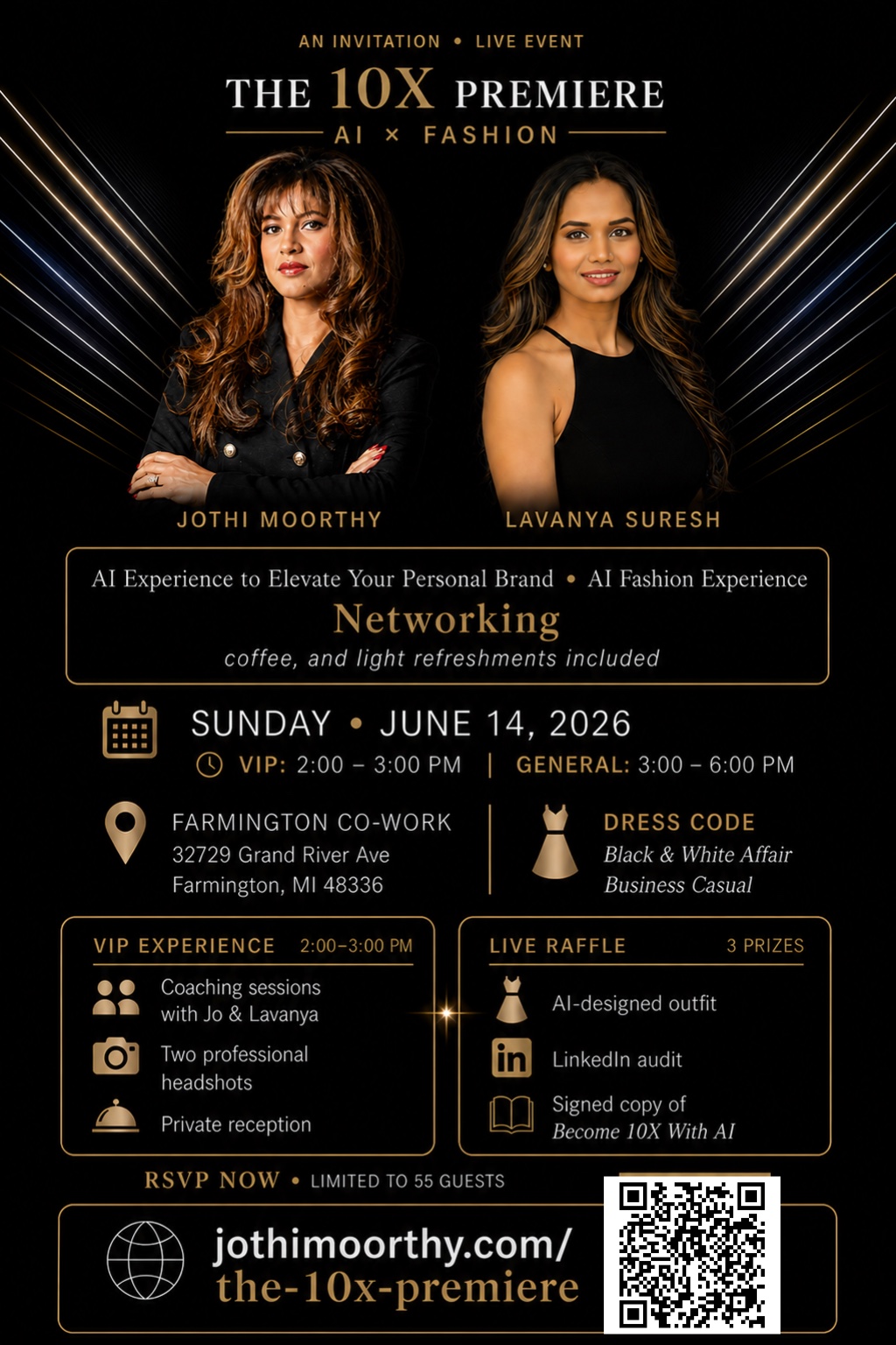 The 10X Premiere · AI x Fashion invitation — Sunday, June 14, 2026 at Farmington Co-Work. VIP 2-3pm, General 3-6pm. Hosted by Jothi Moorthy and Lavanya Suresh. Limited to 55 guests.
