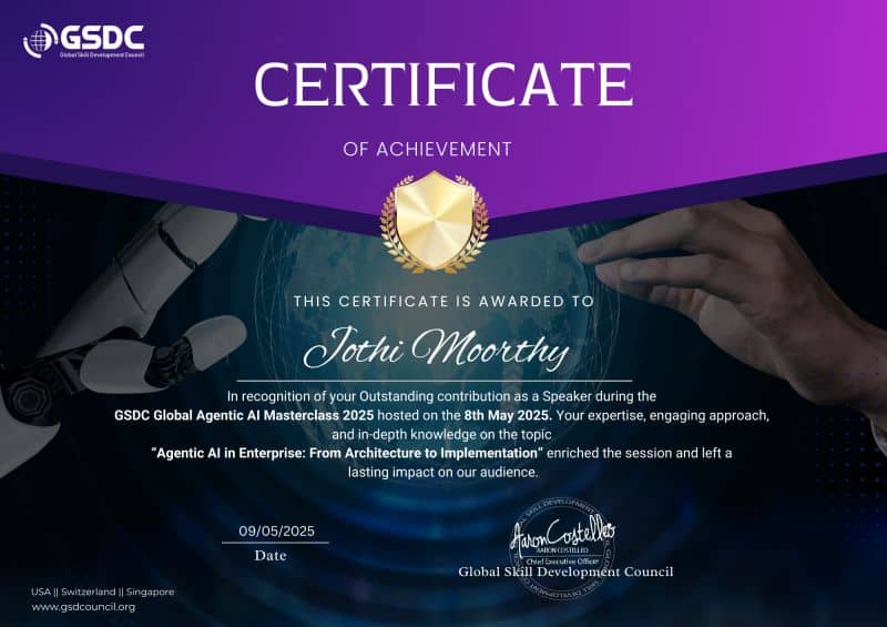GSDC Certificate of Achievement - Keynote Speaker at Agentic AI Masterclass 2025