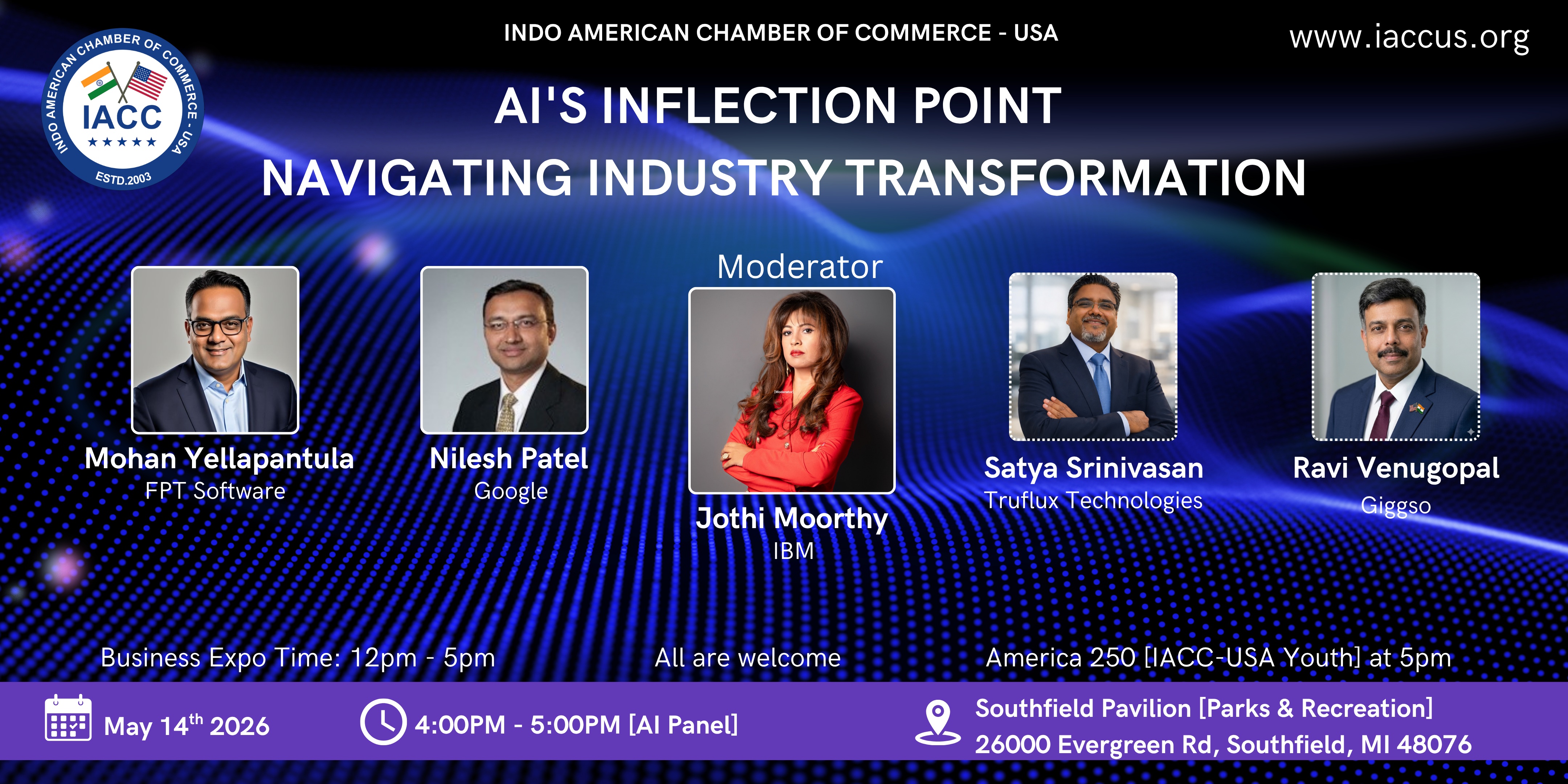 IACC-USA AI Panel flyer — AI's Inflection Point: Navigating Industry Transformation. Moderator Jothi Moorthy with panelists from FPT Software, Google, Truflux Technologies, and Giggso. May 14 2026, 4-5pm, Southfield Pavilion.