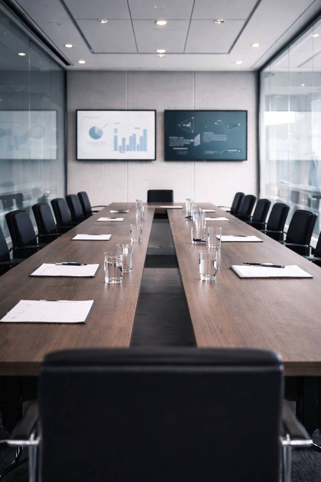 Executive boardroom with presentation screens